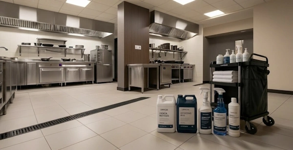 Equipo utilizando productos de limpieza en el área de cocina de un hotel